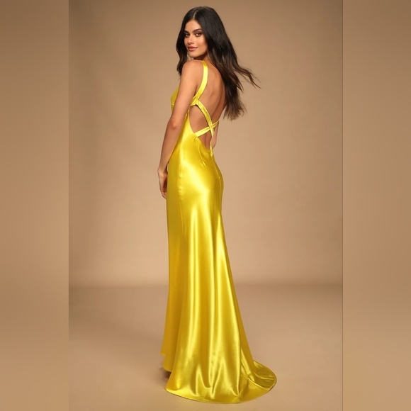 Lulus Perfectly Classy Yellow Satin Strappy Maxi Dress Wedding Party Formal - Picture 5 of 9